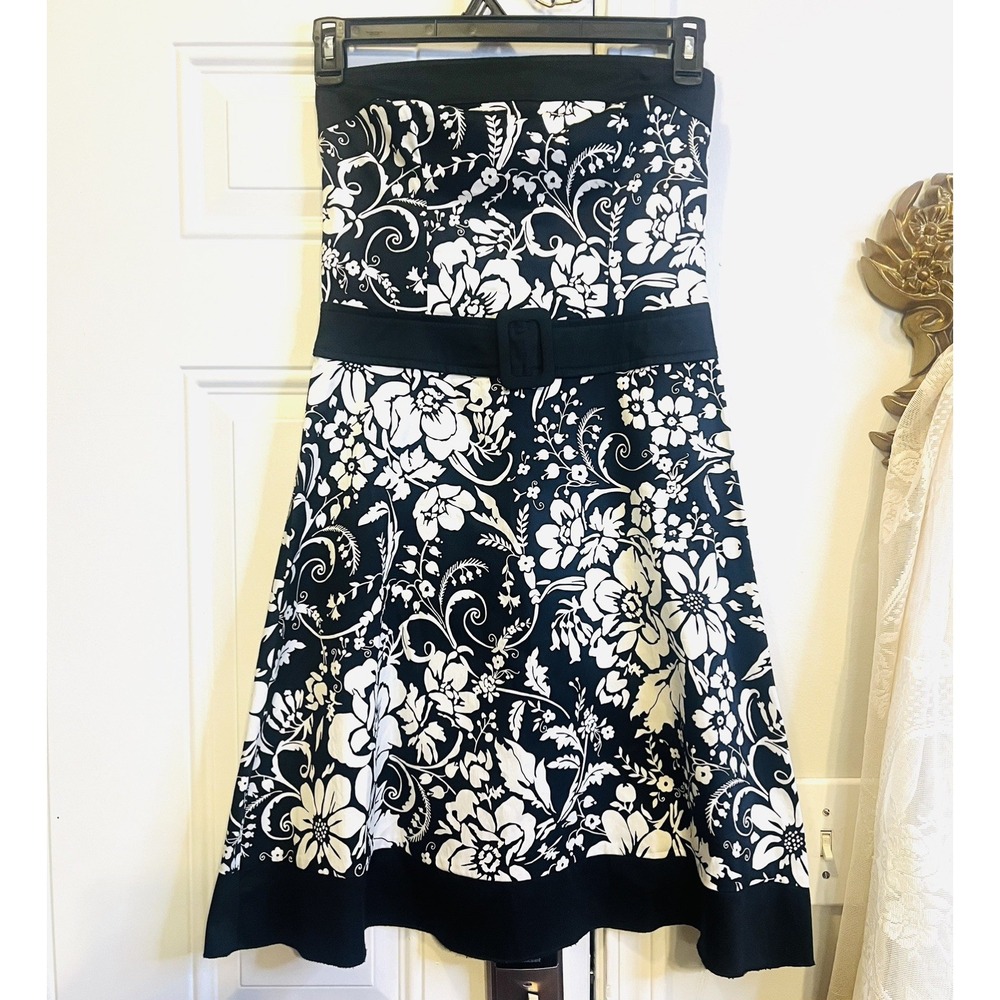 Vtg Y2K B Smart Strapless Floral Dress 6 Black White Belted Whimsigoth Party